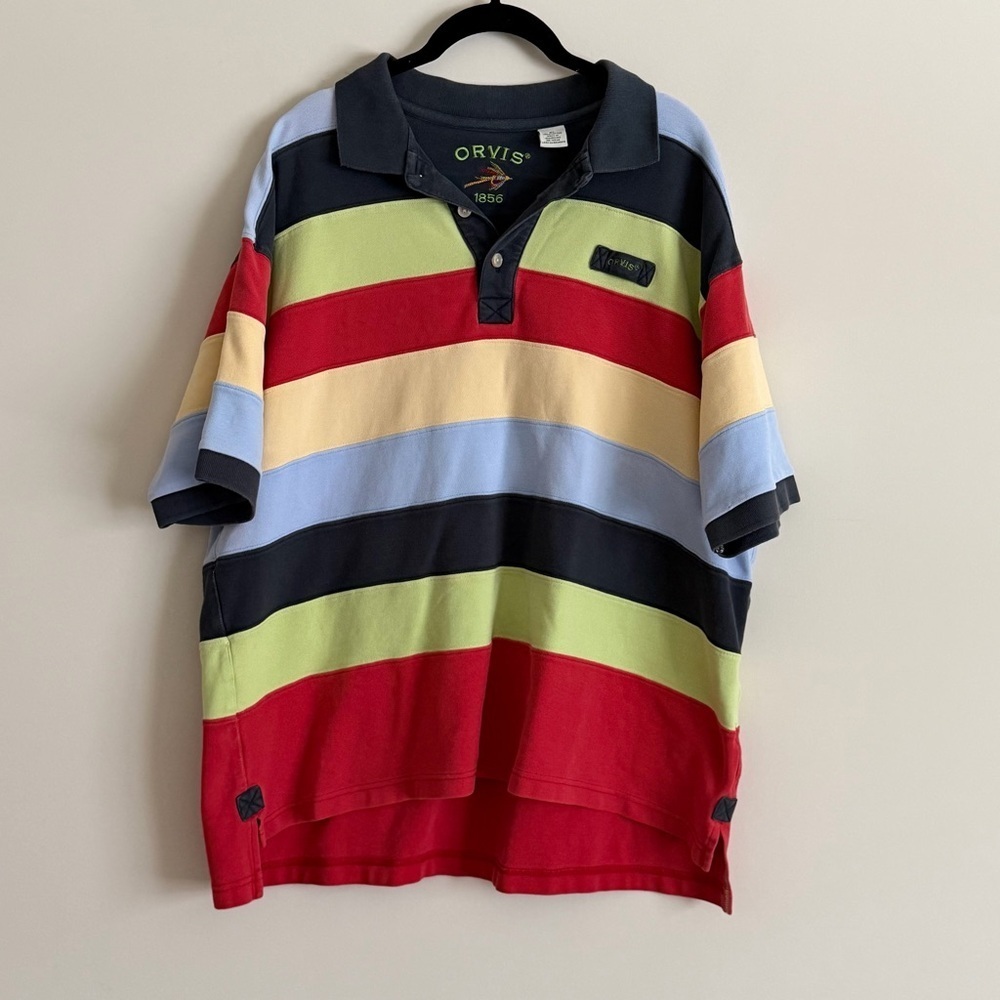 Orvis Mens Rugby Polo Shirt XL Striped Short Sleeve Cotton Vintage Y2K